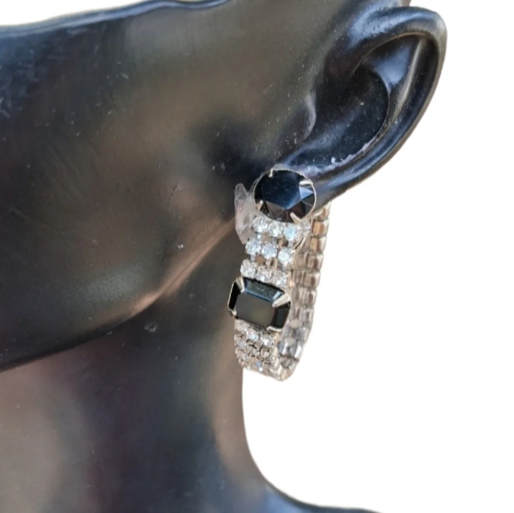 Vintage 50s Black And White Rhinestone Wrap Around Clip Earrings